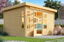 KARIBU Gartenhaus Kastorf 7, Naturbelassen, Fichtenholz 28mm, 396 X 244 X 222 Cm, Flachdach, Inkl. Oberlicht