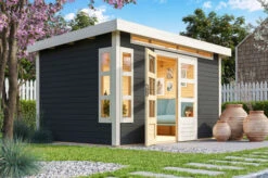 KARIBU Gartenhaus Kastorf 7, Terragrau, Fichtenholz 28mm, 396 X 244 X 222 Cm, Flachdach, Inkl. Oberlicht