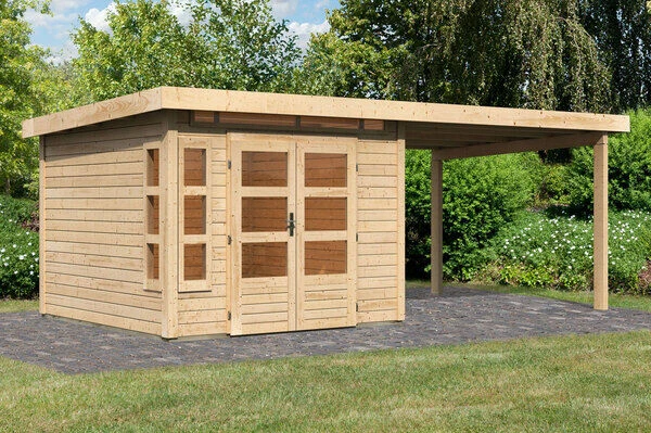 KARIBU Gartenhaus Kastorf 6, Naturbelassen, Fichtenholz 28mm, 612 X 274 X 222 Cm, Flachdach, Anbau 3,2m 1 KARIBU Gartenhaus Kastorf 6, Naturbelassen, Fichtenholz 28mm, 612 X 274 X 222 Cm, Flachdach, Anbau 3,2m