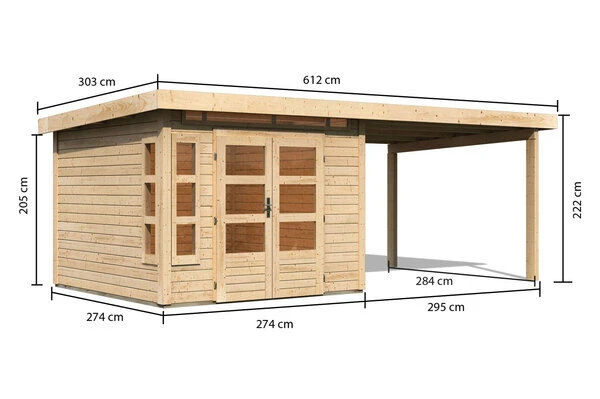 KARIBU Gartenhaus Kastorf 6, Naturbelassen, Fichtenholz 28mm, 612 X 274 X 222 Cm, Flachdach, Anbau 3,2m 5 KARIBU Gartenhaus Kastorf 6, Naturbelassen, Fichtenholz 28mm, 612 X 274 X 222 Cm, Flachdach, Anbau 3,2m - Image 5