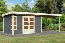 KARIBU Gartenhaus Kastorf 7, Terragrau, Fichtenholz 28mm, 702 X 244 X 222 Cm, Flachdach, Anbau 3,2m