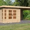 KARIBU Gartenhaus Kastorf6 , Naturbelassen, Fichtenholz 28mm, 612 X 274 X 222 Cm, Flachdach, Anbau 3,2m Mit Rückwand