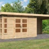 KARIBU Gartenhaus Kastorf 7, Naturbelassen, Fichtenholz 28mm, 702 X 244 X 222 Cm, Flachdach, Anbau 3,2m Mit Rückwand