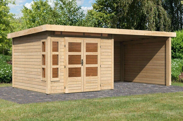 KARIBU Gartenhaus Kastorf6 , Naturbelassen, Fichtenholz 28mm, 612 X 274 X 222 Cm, Flachdach, Anbau 3,2m Mit Rück- Und Seitenwand 1 KARIBU Gartenhaus Kastorf6 , Naturbelassen, Fichtenholz 28mm, 612 X 274 X 222 Cm, Flachdach, Anbau 3,2m Mit Rück- Und Seitenwand
