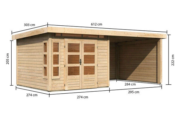 KARIBU Gartenhaus Kastorf6 , Naturbelassen, Fichtenholz 28mm, 612 X 274 X 222 Cm, Flachdach, Anbau 3,2m Mit Rück- Und Seitenwand 5 KARIBU Gartenhaus Kastorf6 , Naturbelassen, Fichtenholz 28mm, 612 X 274 X 222 Cm, Flachdach, Anbau 3,2m Mit Rück- Und Seitenwand - Image 5