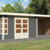KARIBU Gartenhaus Kastorf 7, Terragrau, Fichtenholz 28mm, 702 X 244 X 222 Cm, Flachdach, Anbau 3,2m Mit Rück- Und Seitenwand