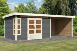 KARIBU Gartenhaus Kastorf 7, Terragrau, Fichtenholz 28mm, 702 X 244 X 222 Cm, Flachdach, Anbau 3,2m Mit Rück- Und Seitenwand