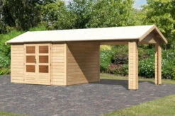 KARIBU Gartenhaus Theres 7, Naturbelassen, Fichtenholz 28mm, 648 X 304 X 250 Cm, Satteldach, Inkl. Dachausbauelement