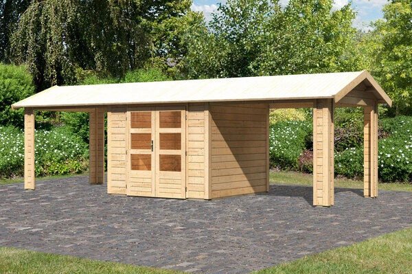 KARIBU Gartenhaus Theres 3, Naturbelassen, Fichtenholz 28mm, 767 X 240 X 242 Cm, Satteldach, 2 Dachausbauelemente 1 KARIBU Gartenhaus Theres 3, Naturbelassen, Fichtenholz 28mm, 767 X 240 X 242 Cm, Satteldach, 2 Dachausbauelemente