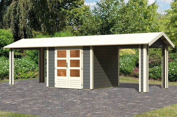KARIBU Gartenhaus Theres 3, Terragrau, Fichtenholz 28mm, 767 X 240 X 242 Cm, Satteldach, 2 Dachausbauelemente 1 KARIBU Gartenhaus Theres 3, Terragrau, Fichtenholz 28mm, 767 X 240 X 242 Cm, Satteldach, 2 Dachausbauelemente