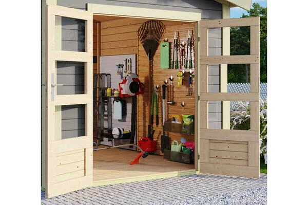 KARIBU Gartenhaus Theres 3, Terragrau, Fichtenholz 28mm, 767 X 240 X 242 Cm, Satteldach, 2 Dachausbauelemente 2 KARIBU Gartenhaus Theres 3, Terragrau, Fichtenholz 28mm, 767 X 240 X 242 Cm, Satteldach, 2 Dachausbauelemente - Image 2