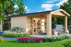 KARIBU Gartenhaus Theres 7, Naturbelassen, Fichtenholz 28mm, 947 X 304 X 250 Cm, Satteldach, 2 Dachausbauelemente