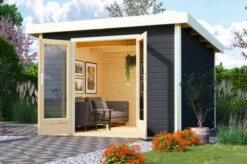 KARIBU Gartenhaus Radeburg 1, Terragrau, Fichtenholz 40mm, 346 X 309 X 229,5 Cm, Pultdach, Massivholzdach