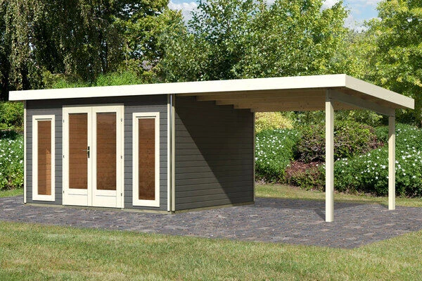 KARIBU Gartenhaus Radeburg 2, Terragrau, Fichtenholz 40mm, 724 X 309 X 229,5 Cm, Pultdach, Anbau 3,3m 1 KARIBU Gartenhaus Radeburg 2, Terragrau, Fichtenholz 40mm, 724 X 309 X 229,5 Cm, Pultdach, Anbau 3,3m