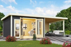 KARIBU Gartenhaus Radeburg 2, Terragrau, Fichtenholz 40mm, 724 X 309 X 229,5 Cm, Pultdach, Anbau 3,3m Mit Rückwand