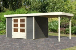 KARIBU Gartenhaus Askola 5, Terragrau, Fichtenholz 19mm, 554 X 246 X 211 Cm, Flachdach, Anbau 2,4m