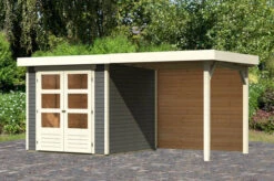 KARIBU Gartenhaus Askola 2, Terragrau, Fichtenholz 19mm, 467 X 217 X 211 Cm, Flachdach, Anbau 2,4m Mit Rückwand
