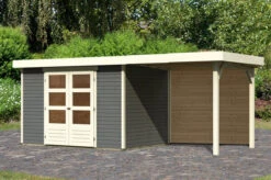 KARIBU Gartenhaus Askola 4, Terragrau, Fichtenholz 19mm, 554 X 217 X 211 Cm, Flachdach, Anbau 2,4m Mit Rückwand