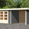 KARIBU Gartenhaus Askola3,5 , Terragrau, Fichtenholz 19mm, 491 X 246 X 211 Cm, Flachdach, Anbau 2,4m Mit Rück- Und Seitenwand