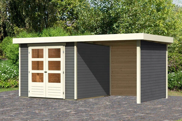 KARIBU Gartenhaus Askola3,5 , Terragrau, Fichtenholz 19mm, 491 X 246 X 211 Cm, Flachdach, Anbau 2,4m Mit Rück- Und Seitenwand 1 KARIBU Gartenhaus Askola3,5 , Terragrau, Fichtenholz 19mm, 491 X 246 X 211 Cm, Flachdach, Anbau 2,4m Mit Rück- Und Seitenwand