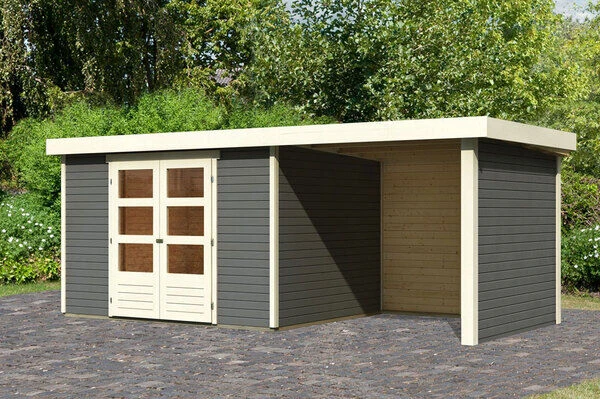 KARIBU Gartenhaus Askola5 , Terragrau, Fichtenholz 19mm, 554 X 246 X 211 Cm, Flachdach, Anbau 2,4m Mit Rück- Und Seitenwand 1 KARIBU Gartenhaus Askola5 , Terragrau, Fichtenholz 19mm, 554 X 246 X 211 Cm, Flachdach, Anbau 2,4m Mit Rück- Und Seitenwand