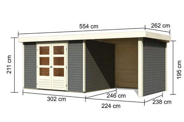 KARIBU Gartenhaus Askola5 , Terragrau, Fichtenholz 19mm, 554 X 246 X 211 Cm, Flachdach, Anbau 2,4m Mit Rück- Und Seitenwand 5 KARIBU Gartenhaus Askola5 , Terragrau, Fichtenholz 19mm, 554 X 246 X 211 Cm, Flachdach, Anbau 2,4m Mit Rück- Und Seitenwand - Image 5