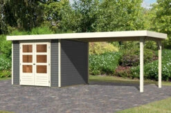KARIBU Gartenhaus Askola 3,5, Terragrau, Fichtenholz 19mm, 528,5 X 246 X 211 Cm, Flachdach, Seitlicher Anbau 2,8m