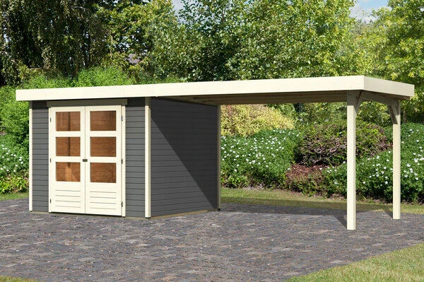 KARIBU Gartenhaus Askola 3,5, Terragrau, Fichtenholz 19mm, 528,5 X 246 X 211 Cm, Flachdach, Seitlicher Anbau 2,8m 1 KARIBU Gartenhaus Askola 3,5, Terragrau, Fichtenholz 19mm, 528,5 X 246 X 211 Cm, Flachdach, Seitlicher Anbau 2,8m