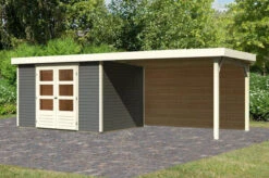 KARIBU Gartenhaus Askola 5, Terragrau, Fichtenholz 19mm, 591,5 X 246 X 211 Cm, Flachdach, Seitlicher Anbau 2,8m Mit Rückwand