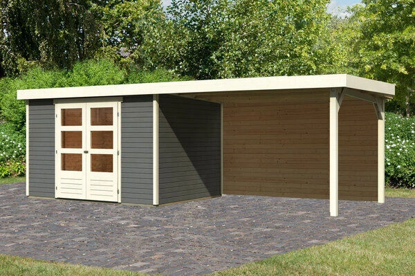 KARIBU Gartenhaus Askola 5, Terragrau, Fichtenholz 19mm, 591,5 X 246 X 211 Cm, Flachdach, Seitlicher Anbau 2,8m Mit Rückwand 1 KARIBU Gartenhaus Askola 5, Terragrau, Fichtenholz 19mm, 591,5 X 246 X 211 Cm, Flachdach, Seitlicher Anbau 2,8m Mit Rückwand