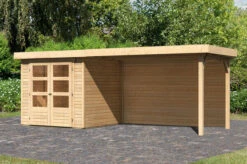 KARIBU Gartenhaus Askola2 , Naturbelassen, Fichtenholz 19mm, 504,5 X 217 X 211 Cm, Flachdach, Seitlicher Anbau 2,8m Mit Rückwand