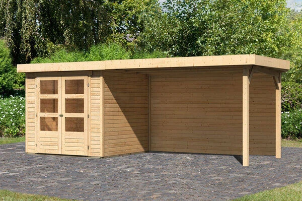 KARIBU Gartenhaus Askola2 , Naturbelassen, Fichtenholz 19mm, 504,5 X 217 X 211 Cm, Flachdach, Seitlicher Anbau 2,8m Mit Rückwand 1 KARIBU Gartenhaus Askola2 , Naturbelassen, Fichtenholz 19mm, 504,5 X 217 X 211 Cm, Flachdach, Seitlicher Anbau 2,8m Mit Rückwand