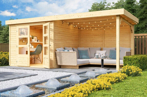 KARIBU Gartenhaus Askola 3,5, Naturbelassen, Fichtenholz 19mm, 528,5 X 246 X 211 Cm, Flachdach, Seitlicher Anbau 2,8m Mit Rückwand 1 KARIBU Gartenhaus Askola 3,5, Naturbelassen, Fichtenholz 19mm, 528,5 X 246 X 211 Cm, Flachdach, Seitlicher Anbau 2,8m Mit Rückwand