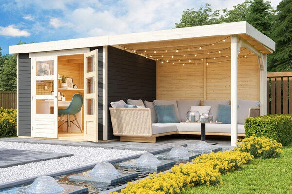 KARIBU Gartenhaus Askola 3,5, Terragrau, Fichtenholz 19mm, 528,5 X 246 X 211 Cm, Flachdach, Seitlicher Anbau 2,8m Mit Rückwand 1 KARIBU Gartenhaus Askola 3,5, Terragrau, Fichtenholz 19mm, 528,5 X 246 X 211 Cm, Flachdach, Seitlicher Anbau 2,8m Mit Rückwand