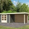 KARIBU Gartenhaus Askola 4, Terragrau, Fichtenholz 19mm, 591,5 X 217 X 211 Cm, Flachdach, Seitlicher Anbau 2,8m Mit Rückwand