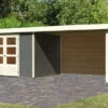 KARIBU Gartenhaus Askola5 , Terragrau, Fichtenholz 19mm, 591,5 X 246 X 211 Cm, Flachdach, Seitlicher Anbau 2,8m Mit Rück- Und Seitenwand
