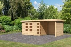 KARIBU Gartenhaus Kerko5 , Naturbelassen, Fichtenholz 19mm, 554 X 246 X 210 Cm, Flachdach, Anbau 2,4m Mit Rück- Und Seitenwand