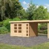 KARIBU Gartenhaus Kerko 5, Naturbelassen, Fichtenholz 19mm, 591,5 X 246 X 210 Cm, Flachdach, Anbau 2,8m