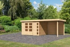 KARIBU Gartenhaus Kerko 5, Naturbelassen, Fichtenholz 19mm, 591,5 X 246 X 210 Cm, Flachdach, Anbau 2,8m Mit Rückwand