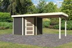 KARIBU Gartenhaus Schwandorf 5, Terragrau, Fichtenholz 19mm, 530 X 246 X 218 Cm, Flachdach, Anbau 2,8m
