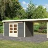 KARIBU Gartenhaus Kandern 7, Terragrau, Fichtenholz 28mm, 702 X 244 X 222 Cm, Pultdach, Anbau 3,2m