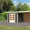 KARIBU Gartenhaus Kandern6 , Terragrau, Fichtenholz 28mm, 612 X 274 X 222 Cm, Pultdach, Anbau 3,2m Mit Rückwand