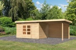 KARIBU Gartenhaus Kandern7 , Naturbelassen, Fichtenholz 28mm, 702 X 244 X 222 Cm, Pultdach, Anbau 3,2m Mit Rückwand