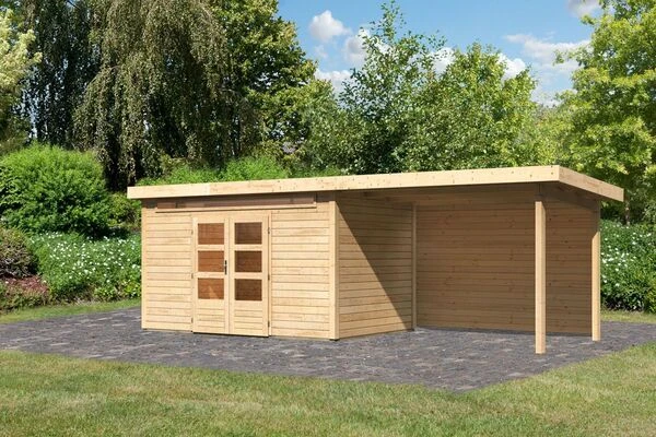 KARIBU Gartenhaus Kandern7 , Naturbelassen, Fichtenholz 28mm, 702 X 244 X 222 Cm, Pultdach, Anbau 3,2m Mit Rückwand 1 KARIBU Gartenhaus Kandern7 , Naturbelassen, Fichtenholz 28mm, 702 X 244 X 222 Cm, Pultdach, Anbau 3,2m Mit Rückwand