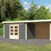 KARIBU Gartenhaus Kandern 7, Terragrau, Fichtenholz 28mm, 702 X 244 X 222 Cm, Pultdach, Anbau 3,2m Mit Rückwand
