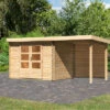 KARIBU Gartenhaus Bastrup3 , Naturbelassen, Fichtenholz 28mm, 514,5 X 237 X 220 Cm, Pultdach, Anbau 2m Mit Rückwand