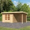 KARIBU Gartenhaus Bastrup5 , Naturbelassen, Fichtenholz 28mm, 514,5 X 297 X 222 Cm, Pultdach, Anbau 2m Mit Rückwand