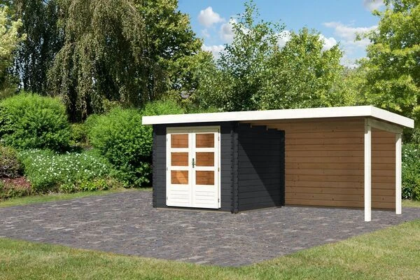 KARIBU Gartenhaus Bastrup2 , Anthrazit, Fichtenholz 28mm, 554 X 237 X 220 Cm, Pultdach, Anbau 3m Mit Rückwand 1 KARIBU Gartenhaus Bastrup2 , Anthrazit, Fichtenholz 28mm, 554 X 237 X 220 Cm, Pultdach, Anbau 3m Mit Rückwand