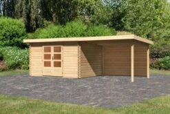 KARIBU Gartenhaus Bastrup 7, Naturbelassen, Fichtenholz 28mm, 674,5 X 297 X 222 Cm, Pultdach, Anbau 3m Mit Rückwand
