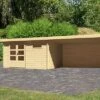 KARIBU Gartenhaus Bastrup 8, Naturbelassen, Fichtenholz 28mm, 804,5 X 297 X 222 Cm, Pultdach, Anbau 4m Mit Rückwand